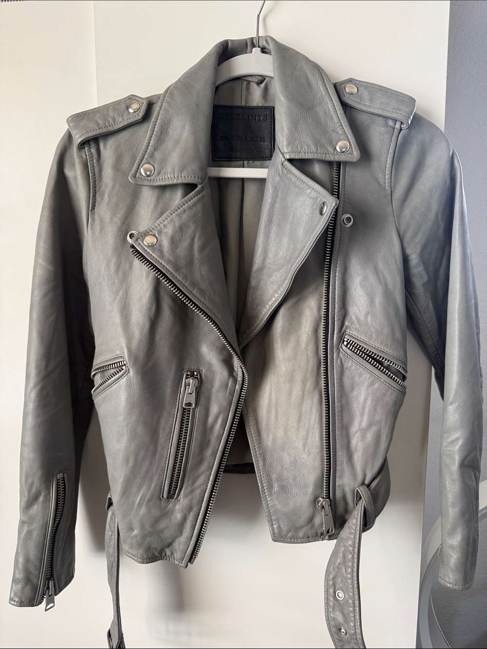 All Saints gray belfern leather moto jacket